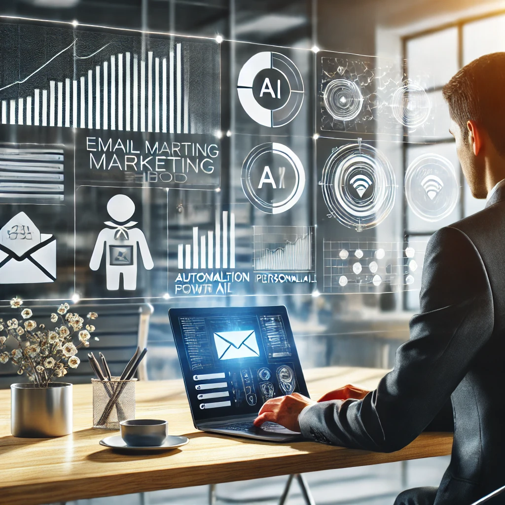 A sleek, modern office setup with a small business owner working at a laptop, the screen displaying an email marketing dashboard powered by AI. In the background, various graphs and data visualizations are projected, symbolizing automation, personalization, and performance tracking. The setting is bright, emphasizing a productive and efficient work environment.