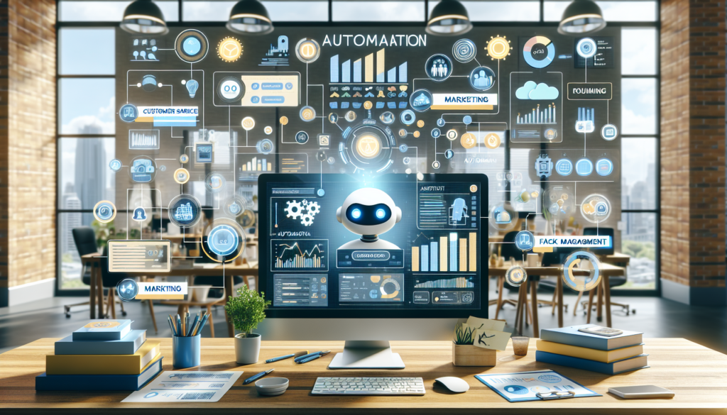 An image of a bright, organized small business office where various tasks such as customer service, marketing, task management, and financial management are seamlessly streamlined through modern automation tools. On screen displays, you can see a chatbot responding to queries, marketing performance graphs, project management dashboards, and financial software at work. Subtle branding of 'Vonarosa.ai' is woven into the office decor, representing its impact on increasing productivity and efficiency for small businesses.