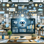 An image of a bright, organized small business office where various tasks such as customer service, marketing, task management, and financial management are seamlessly streamlined through modern automation tools. On screen displays, you can see a chatbot responding to queries, marketing performance graphs, project management dashboards, and financial software at work. Subtle branding of 'Vonarosa.ai' is woven into the office decor, representing its impact on increasing productivity and efficiency for small businesses.