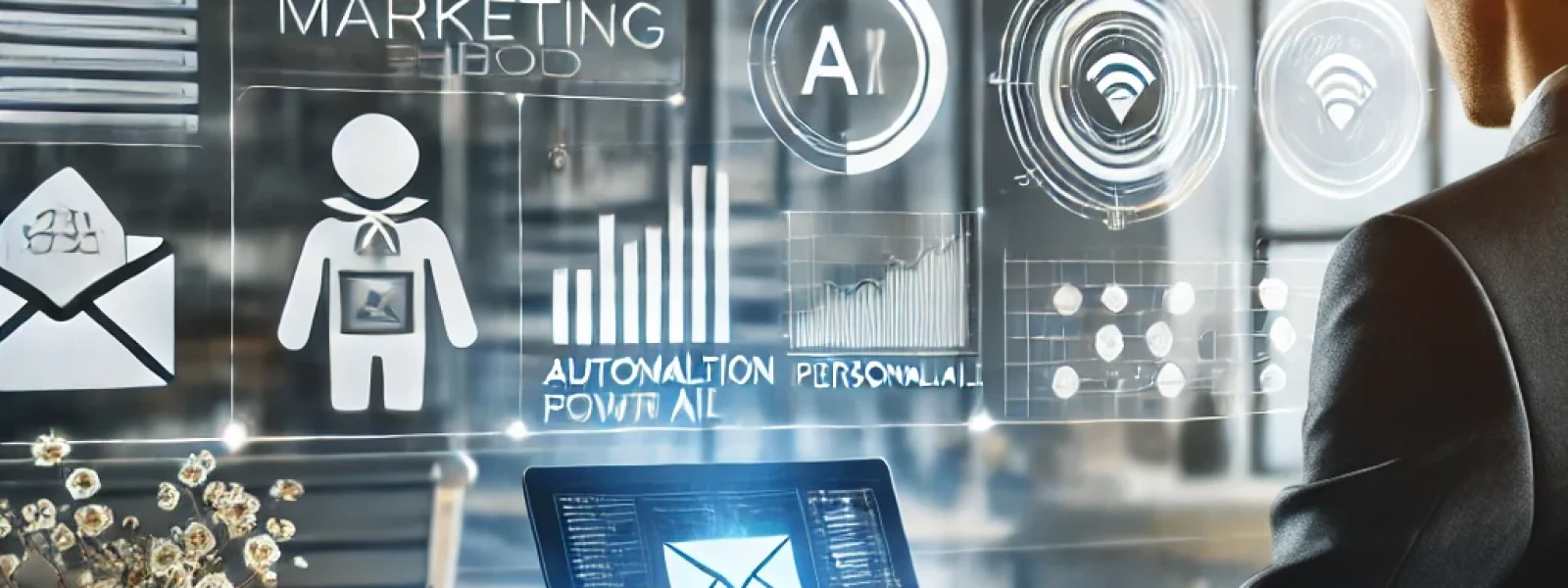 A sleek, modern office setup with a small business owner working at a laptop, the screen displaying an email marketing dashboard powered by AI. In the background, various graphs and data visualizations are projected, symbolizing automation, personalization, and performance tracking. The setting is bright, emphasizing a productive and efficient work environment.