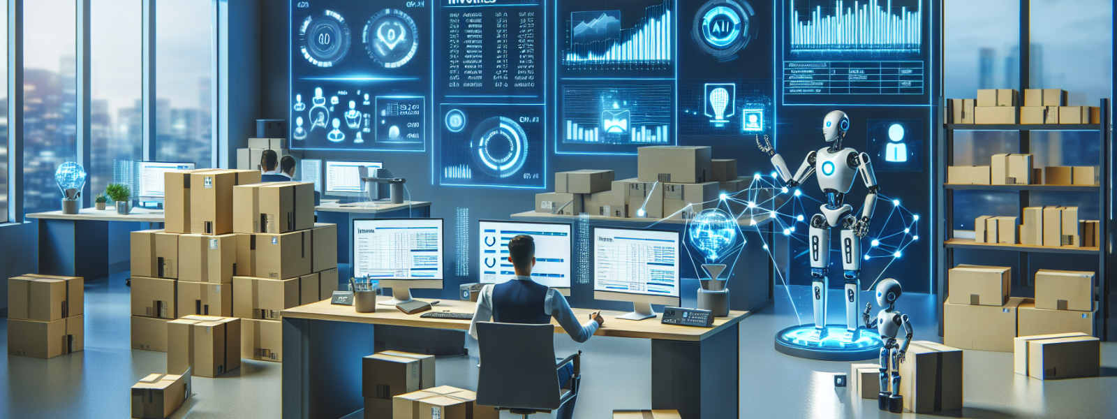 "A friendly AI assistant helping a small business owner manage email campaigns on a laptop, surrounded by visual elements like graphs, charts, segmented customer lists, and promotional content drafts, depicting productivity and ease of use in email marketing automation."